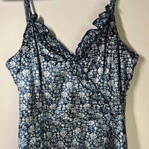 Blue Floral Satin Mini Dress with Ruffle Details, Size L